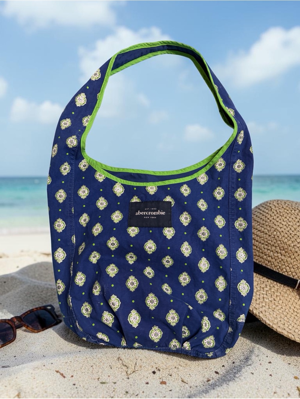 Abercrombie & Fitch Blue & Lime Green Medallion Canvas Hobo Bag
